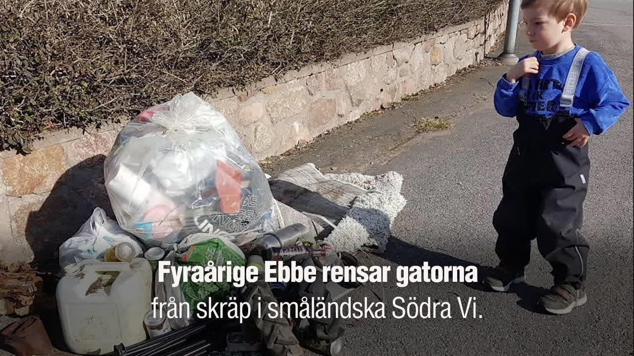 Ebbe, 4, rensar gator och torg från skräp
