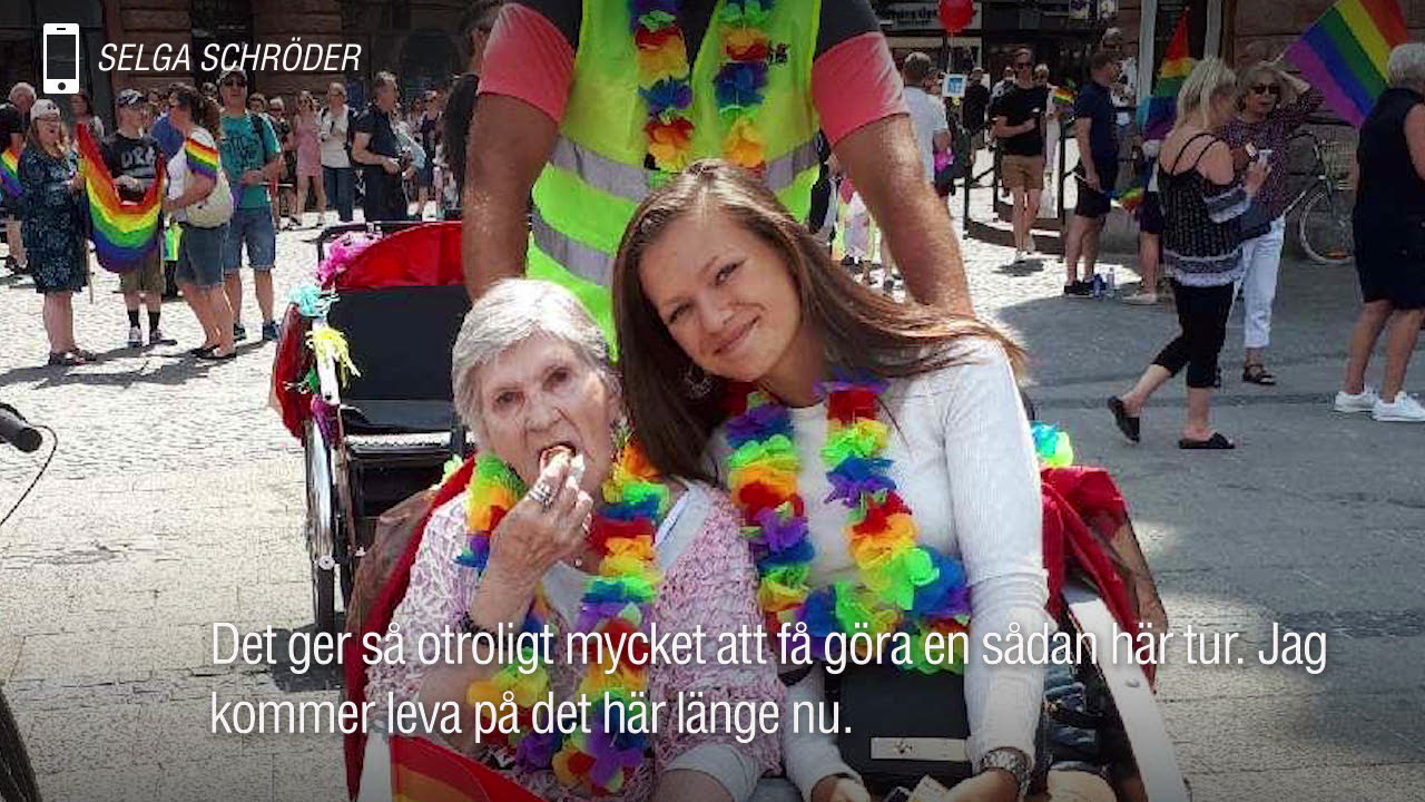 Här susar 82-åriga Selga fram på Pride