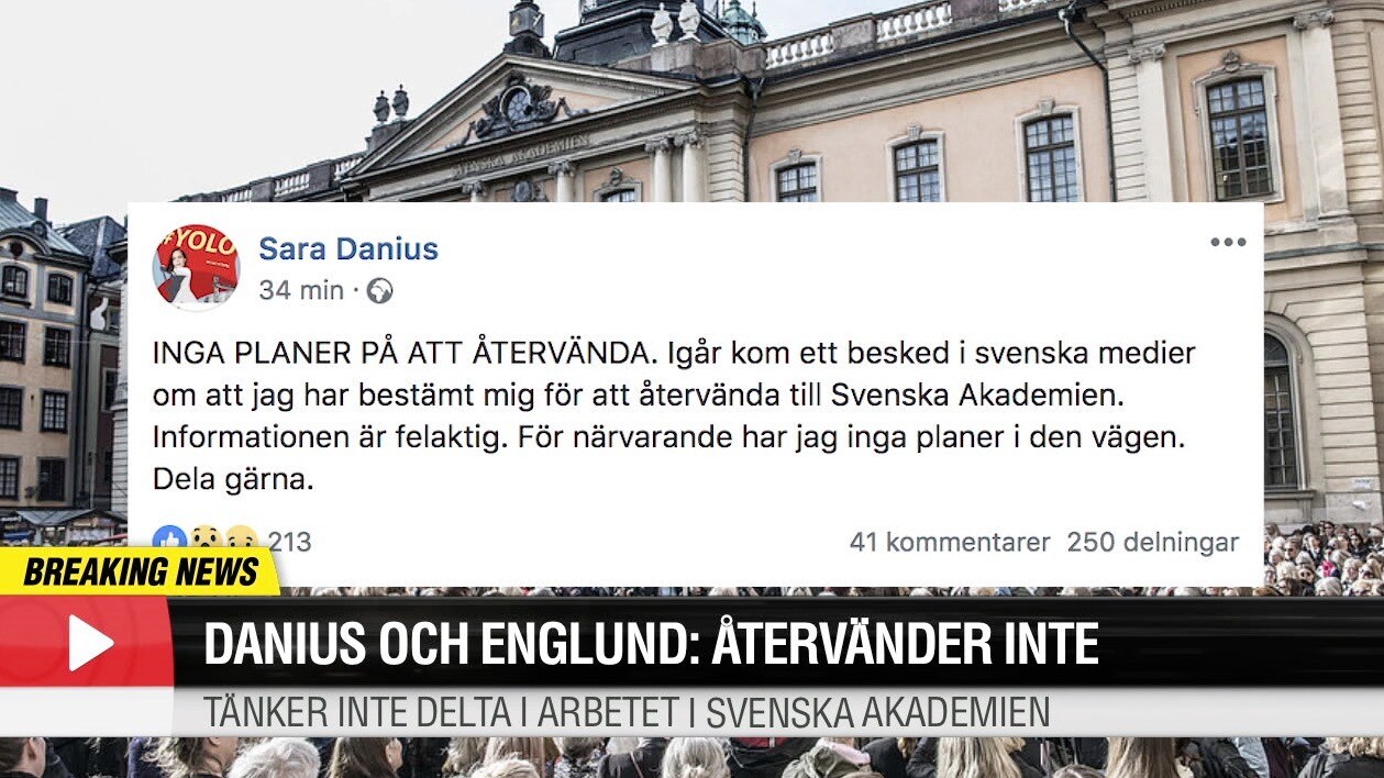 Sara Danius återvänder inte till Akademien