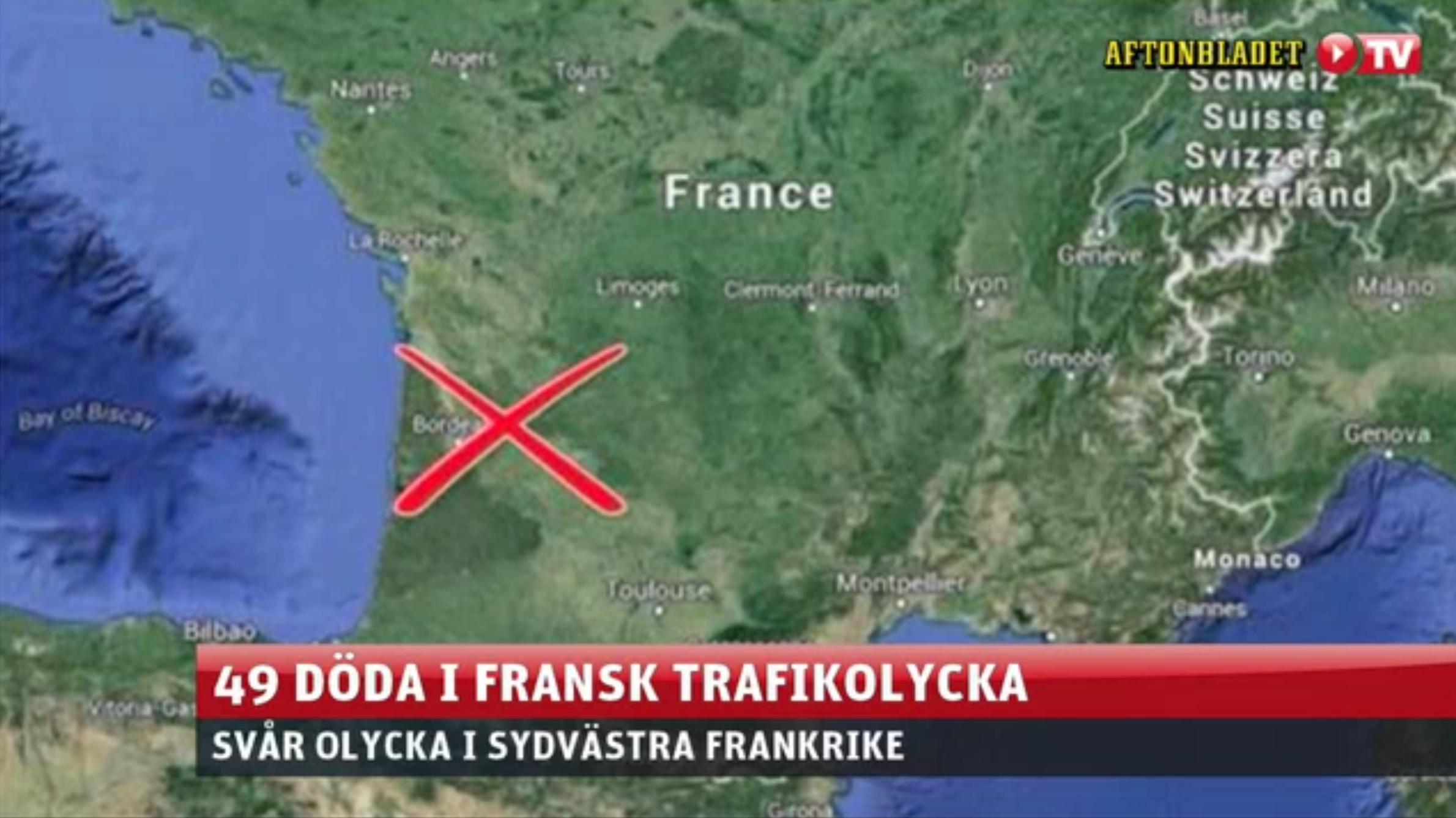 Minst 42 döda i trafikolycka i Frankrike