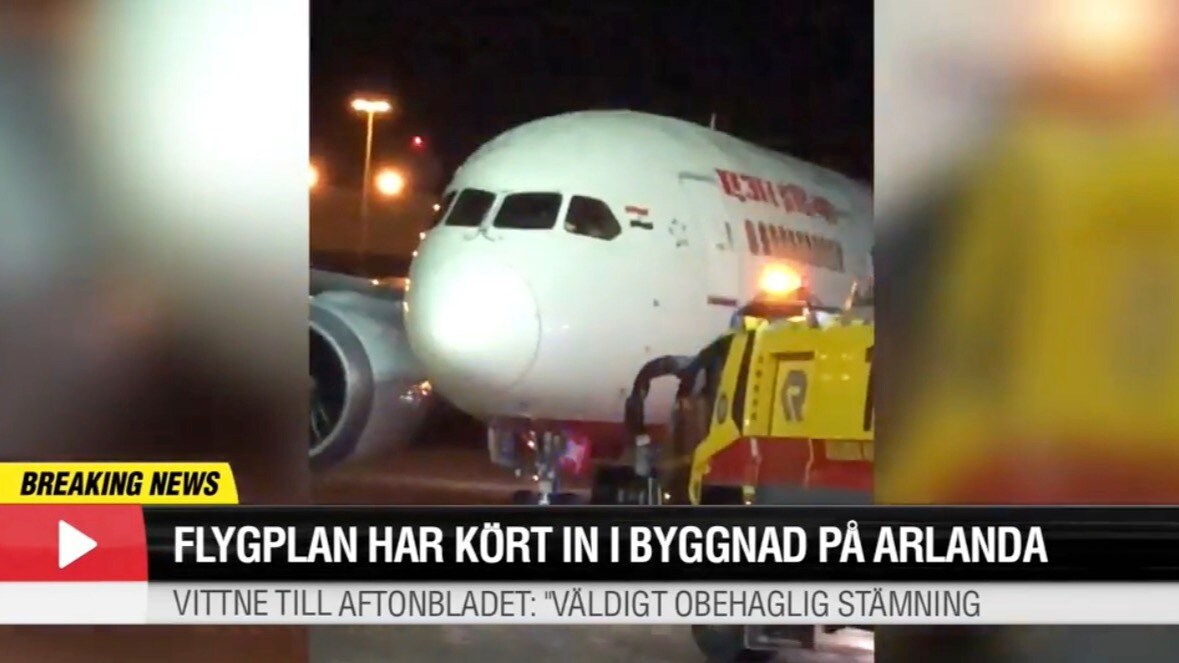 Flygplan har kört in i byggnad på Arlanda – se vittnets film