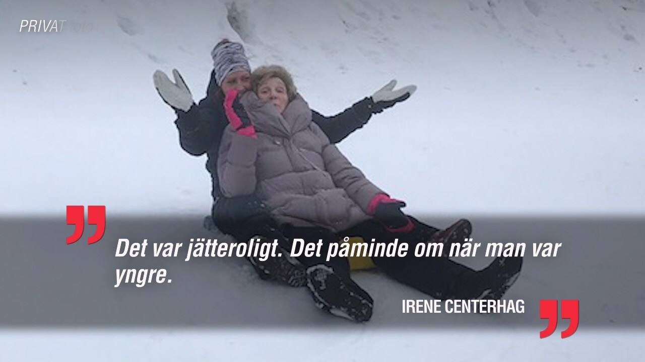 Här susar 89-åriga Irene fram i pulkabacken