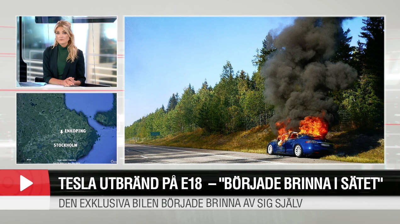 Tesla utbränd p E18 - "Började brinna i sätet"