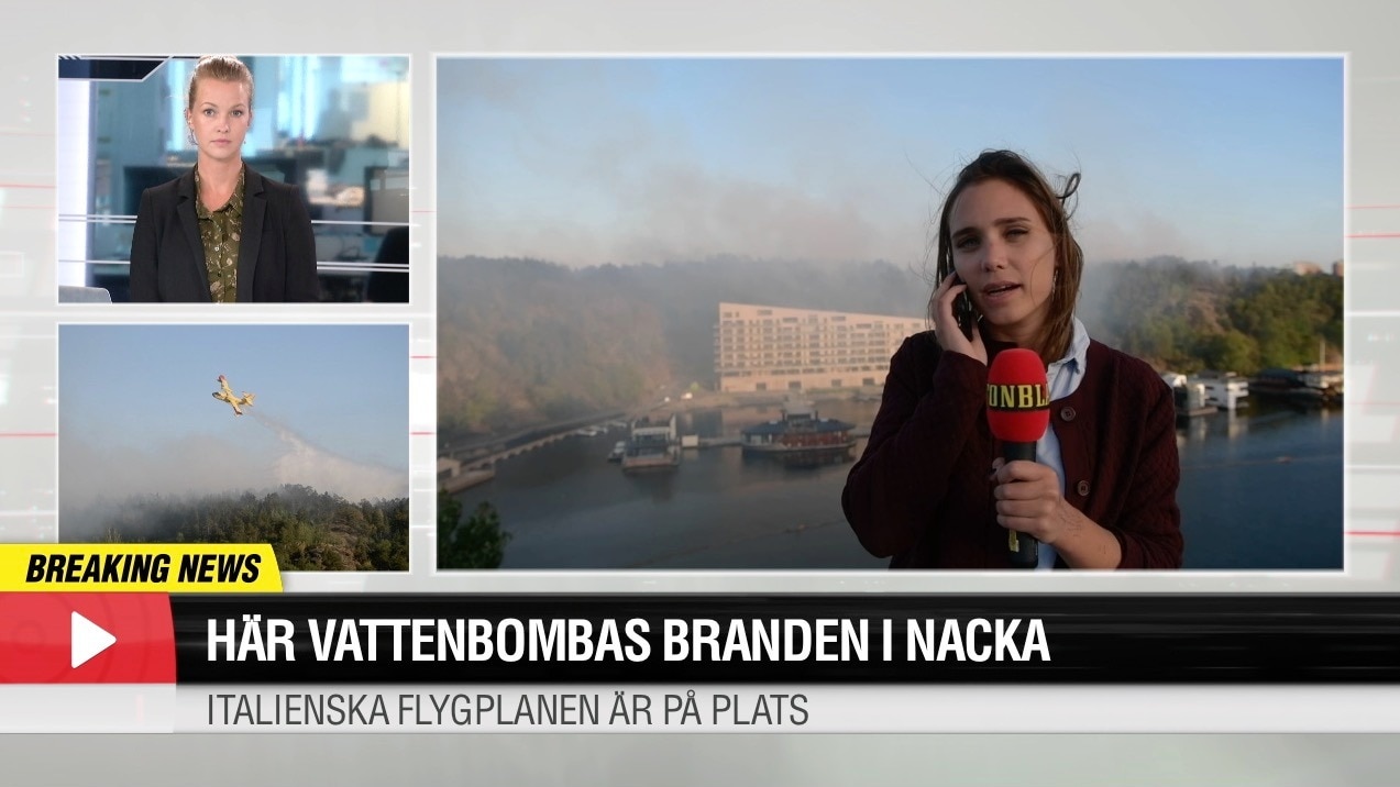 Här vattenbombas branden i Nacka