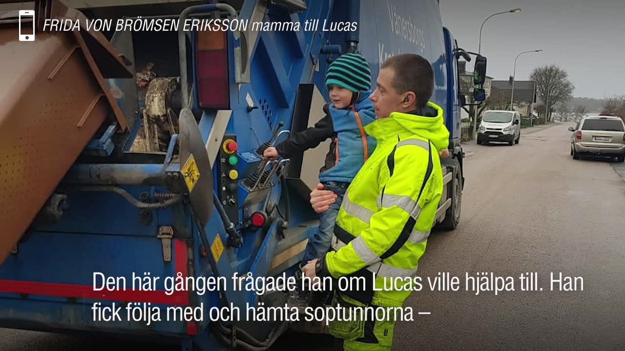 Här får Lucas, 4, hjälpa till med sophämtningen