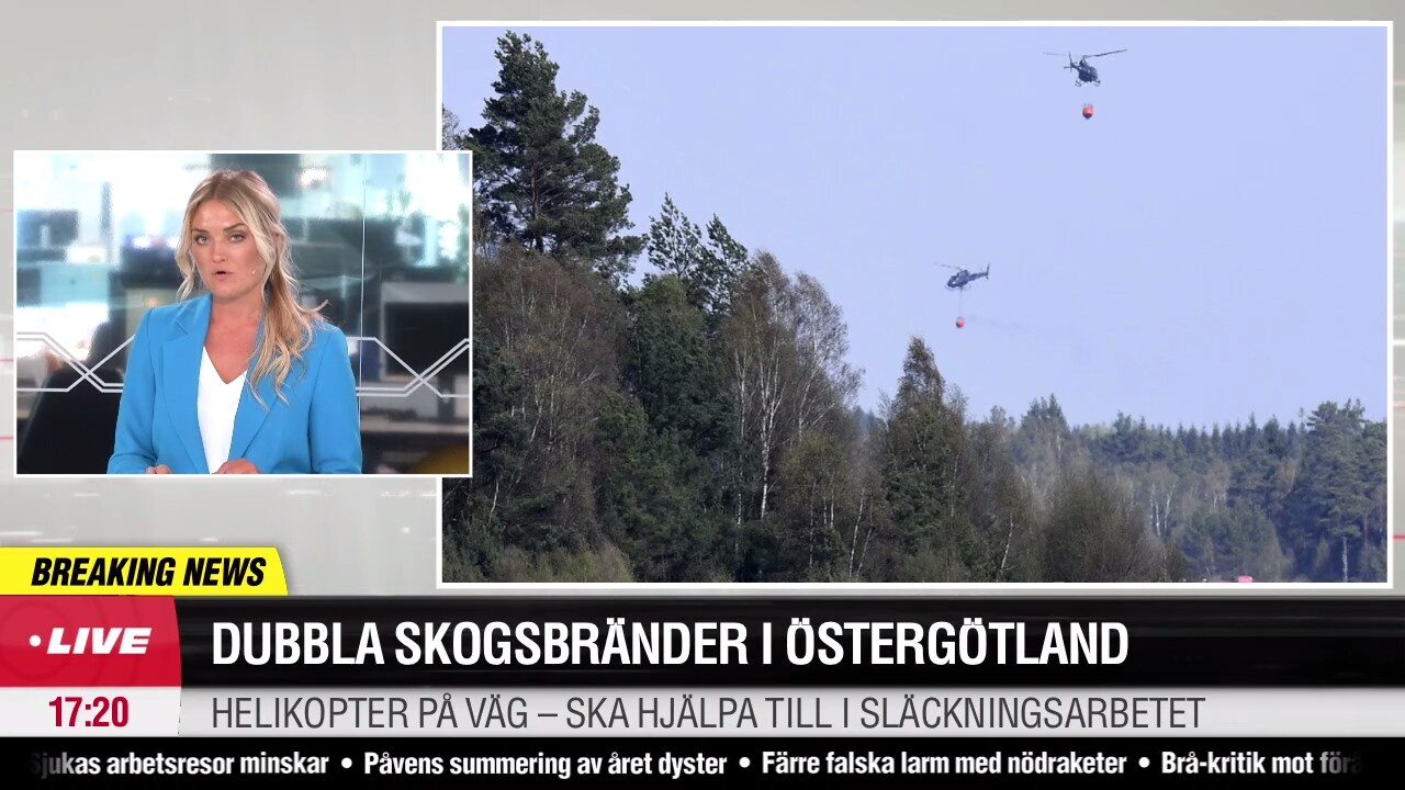 Dubbla skogsbränder i Östergötland – helikopter på väg