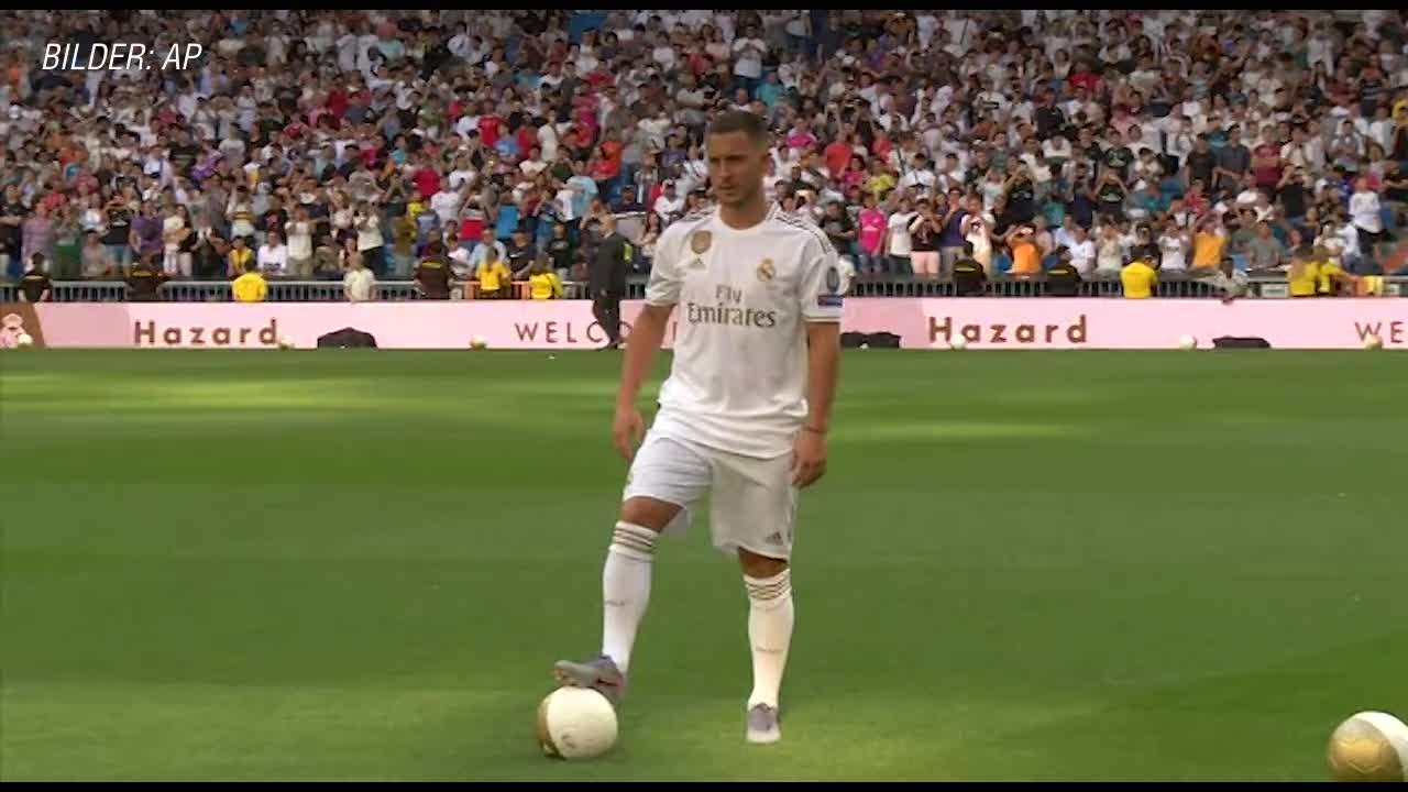 Här presenteras Hazard inför ett fullsatt Bernabeu