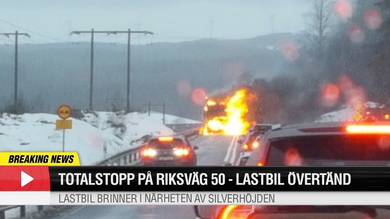 Totalstopp på riksväg 50 – övertänd lastbil