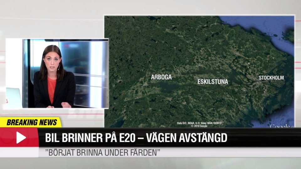 Bil brinner på E20 – vägen avstängd: ”Börjat brinna under färden”