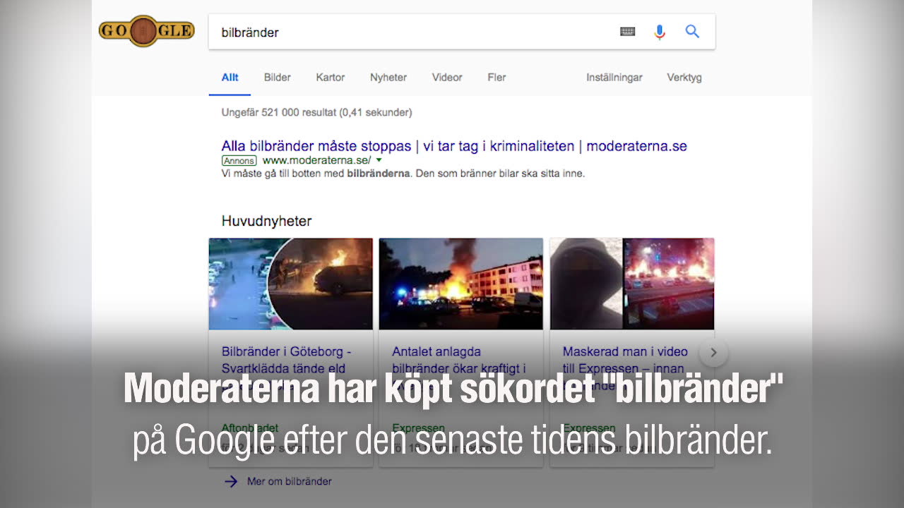 Moderaterna har köpt sökordet "bilbränder" på Google