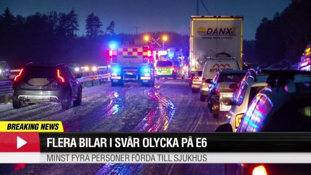 Flera bilar i svår olycka på E6 efter blixthalka – fyra skadade