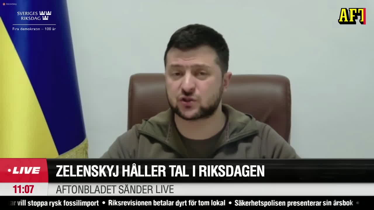 Se hela Volodymyr Zelenskyjs tal inför riksdagen