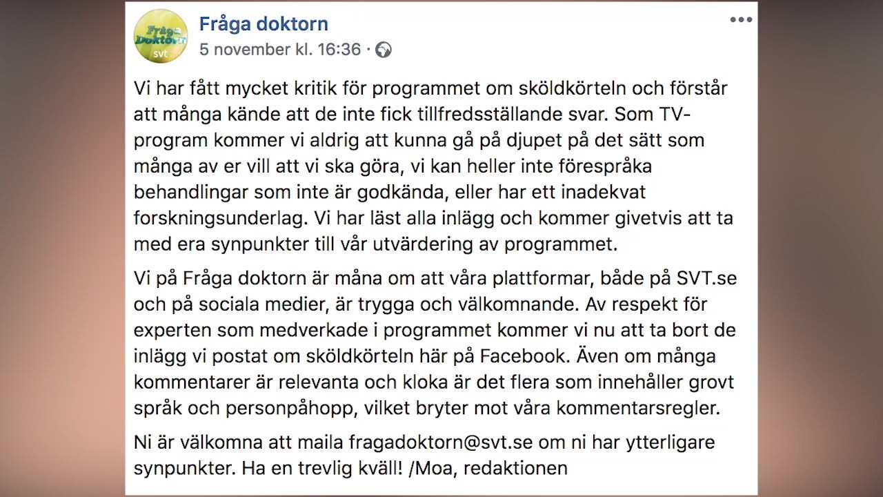 SVT:s svar på kritiken: ”Måste baseras på läkarnas kunskap”