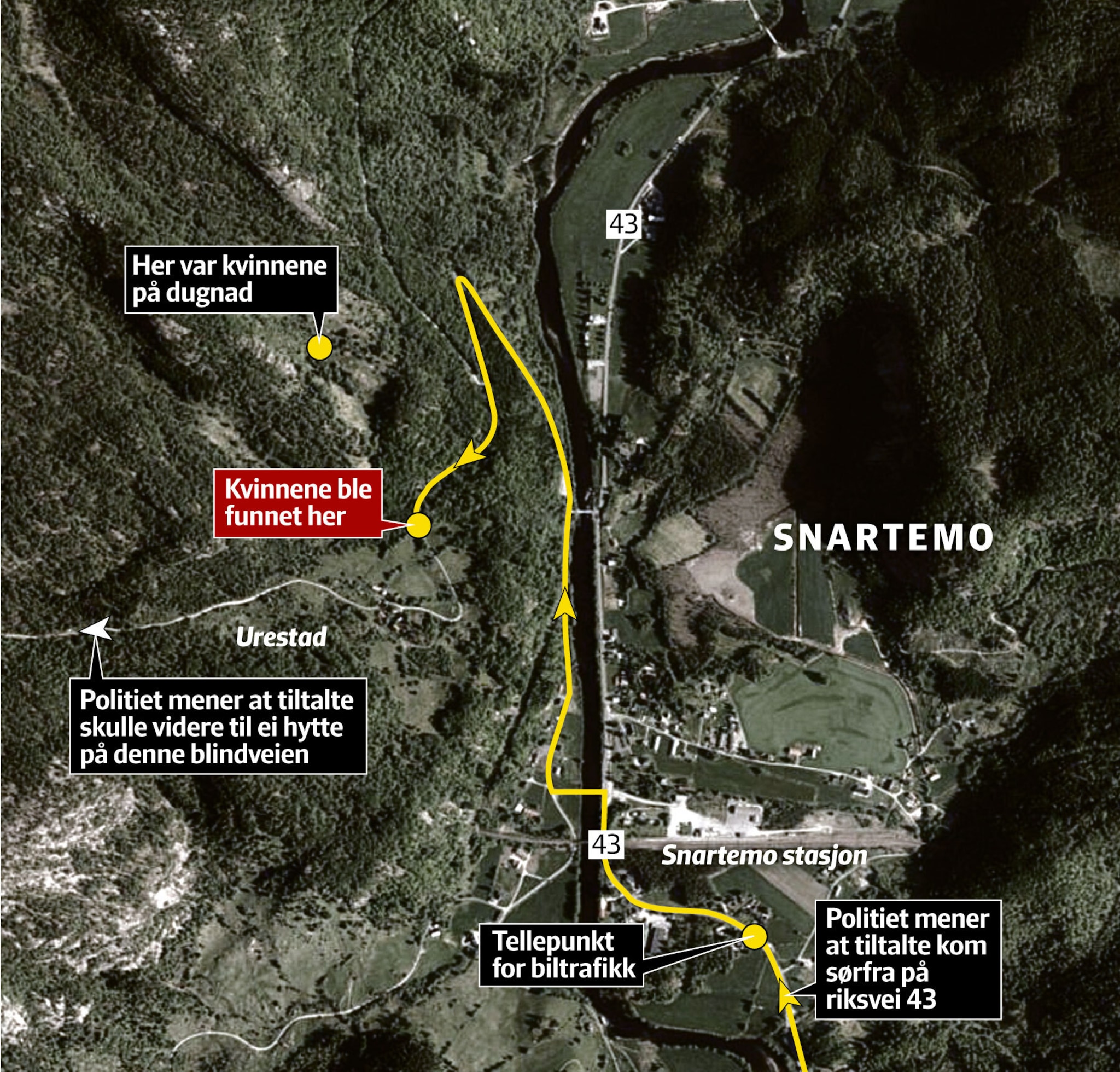 Kjøreruten af bildrapet på Snartemo